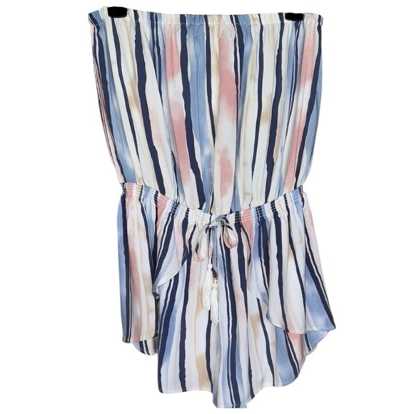 Ocean Drive Blue & Pink Striped Strapless Skort Romper Smocked Waist Tassel Tie - Picture 12 of 12